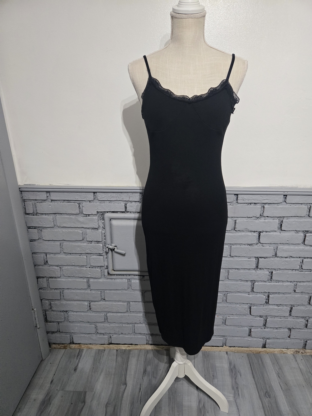 Black Lace-Trim Midi Slip Dress
